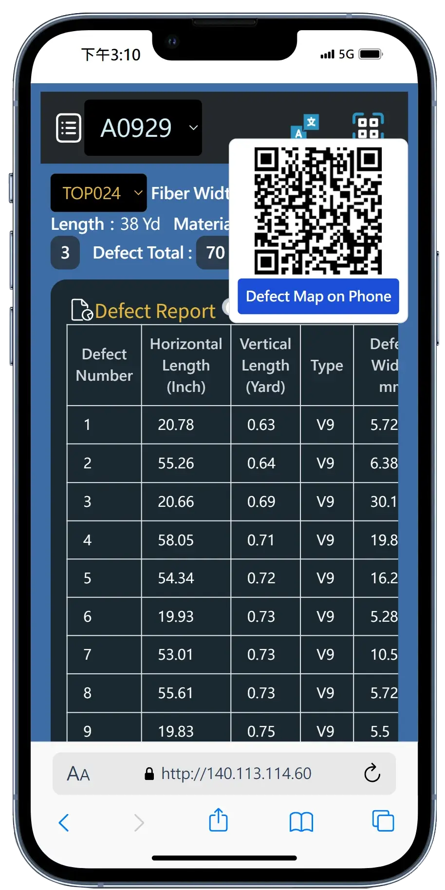 FabGoalie AI GUI on smart phone showing defect report